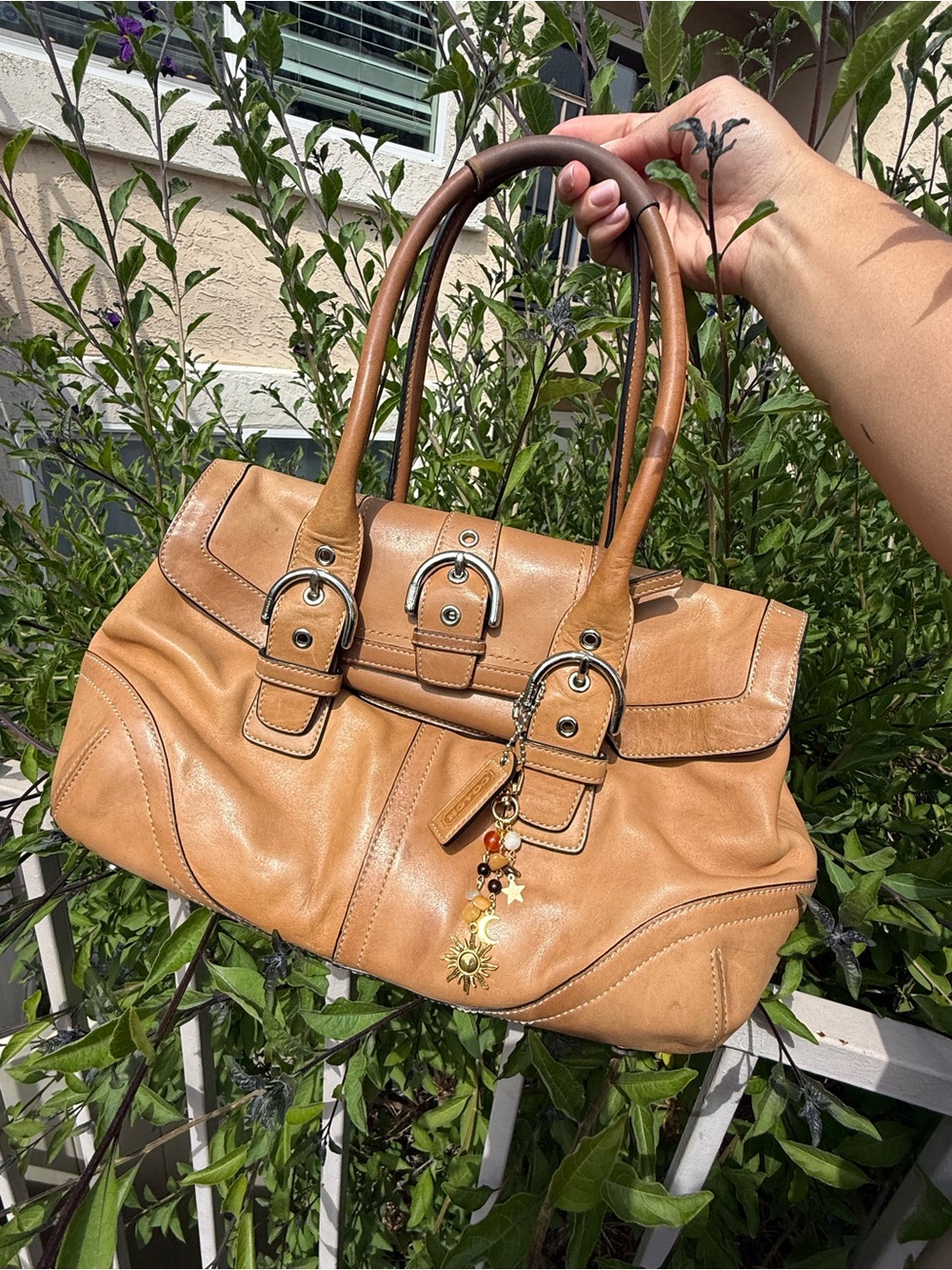 COACH bag & wallet set 
Tan Leather Satchel Handbag with Decorative Charm